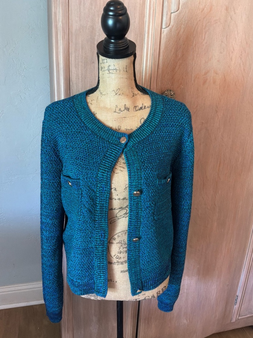 Women’s Teal Cobalt Blue Cardigan shimmer Gold Buttons Lady Jacket Coco Fall M